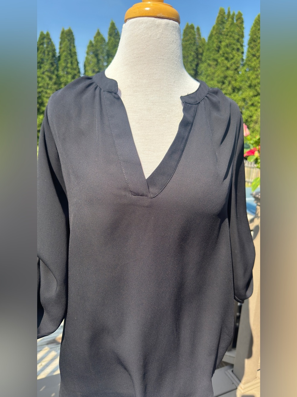 Society Girl Black V-Neck Women's Blouse w button sleeves